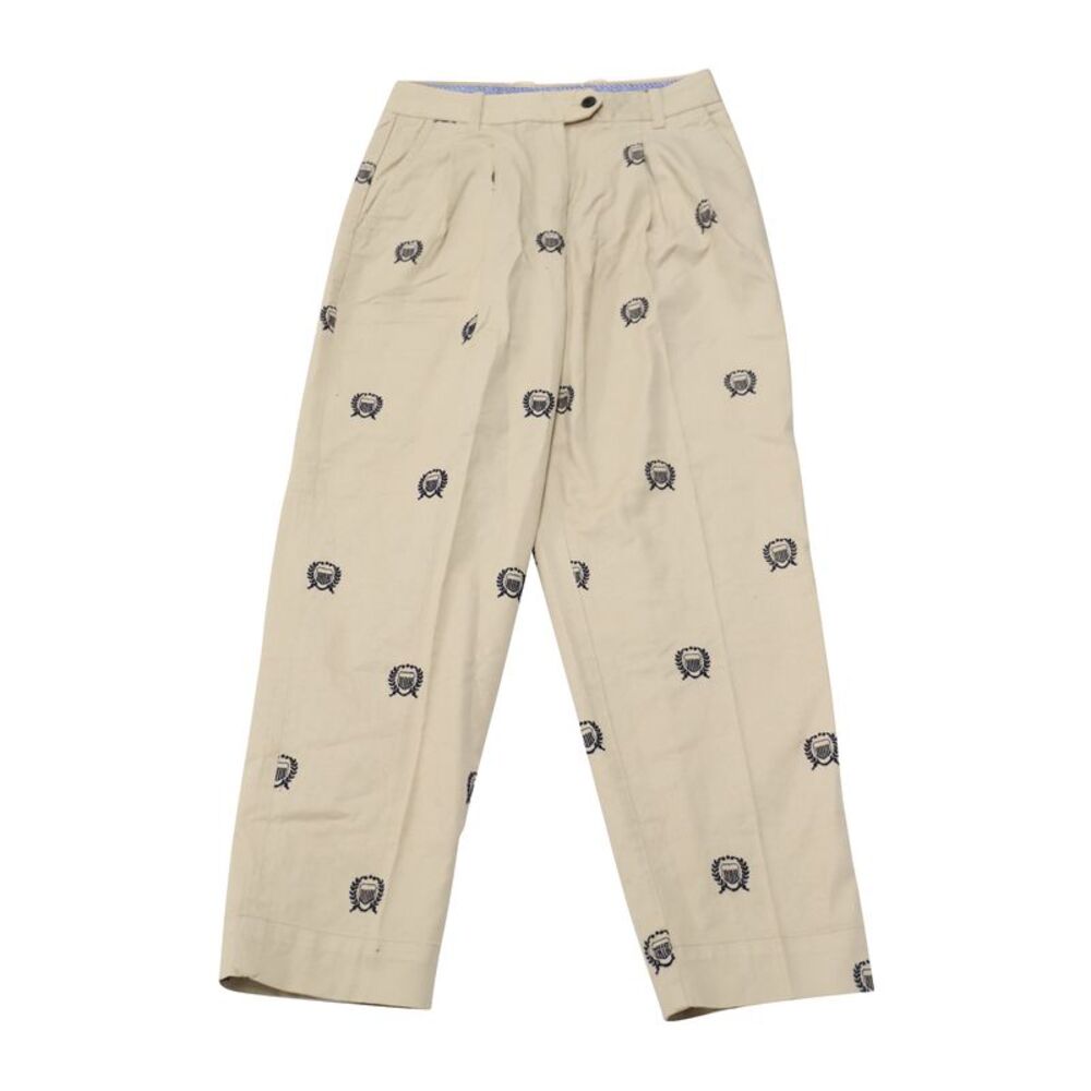 Gant High-Waisted Crest Embroidery Pleated Chinos in Beige Print Cotton